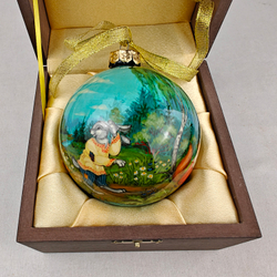 Коллекционный шар новогодний (круговая роспись Палех) "Ворона и лисица" в футляре