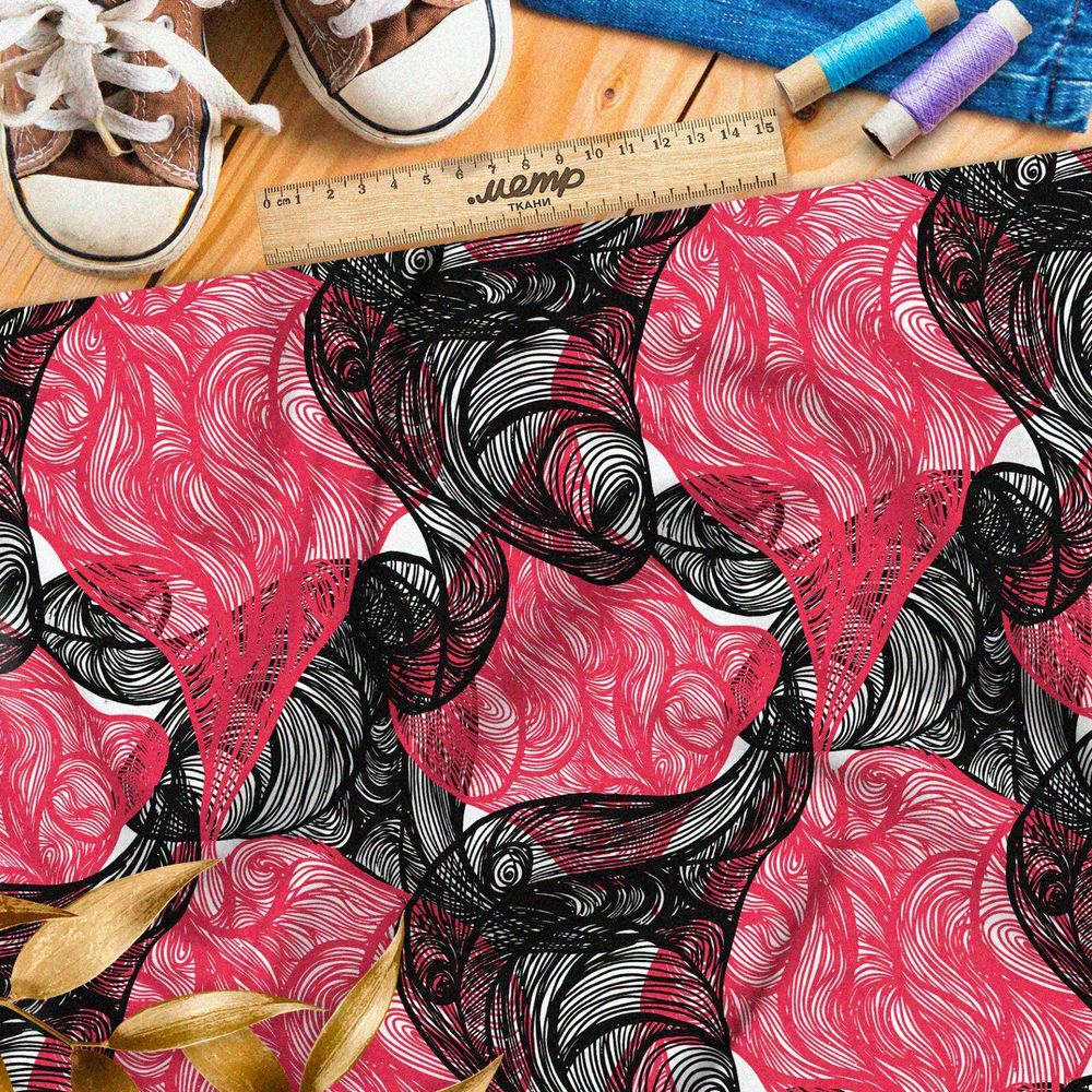 Ткань бифлекс витиеватый чёрные и розовый дым