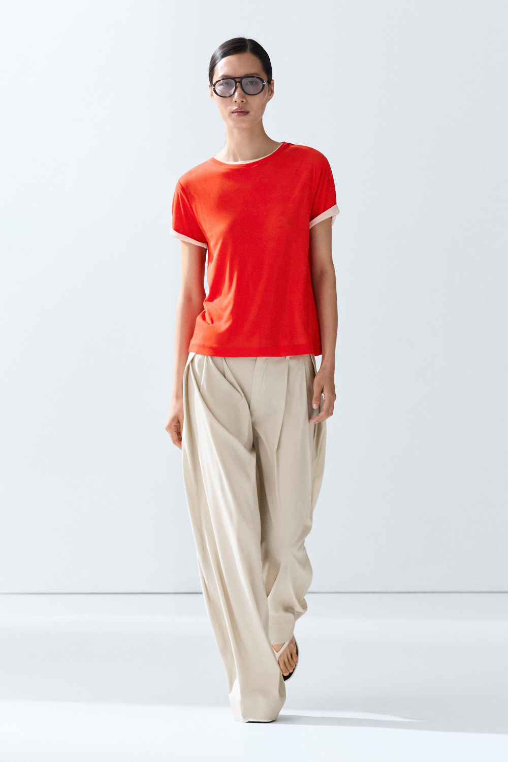Massimo Dutti Футболка с короткими рукавами и двойной отделкой, красный