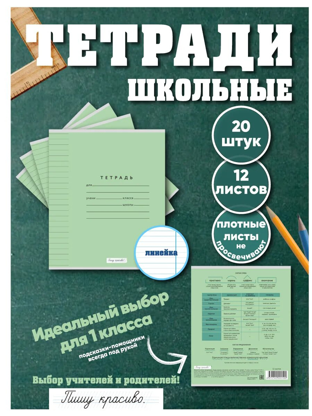 Набор тетрадей в линию (состав слова), 12 л, зелёная обложка, 20 шт