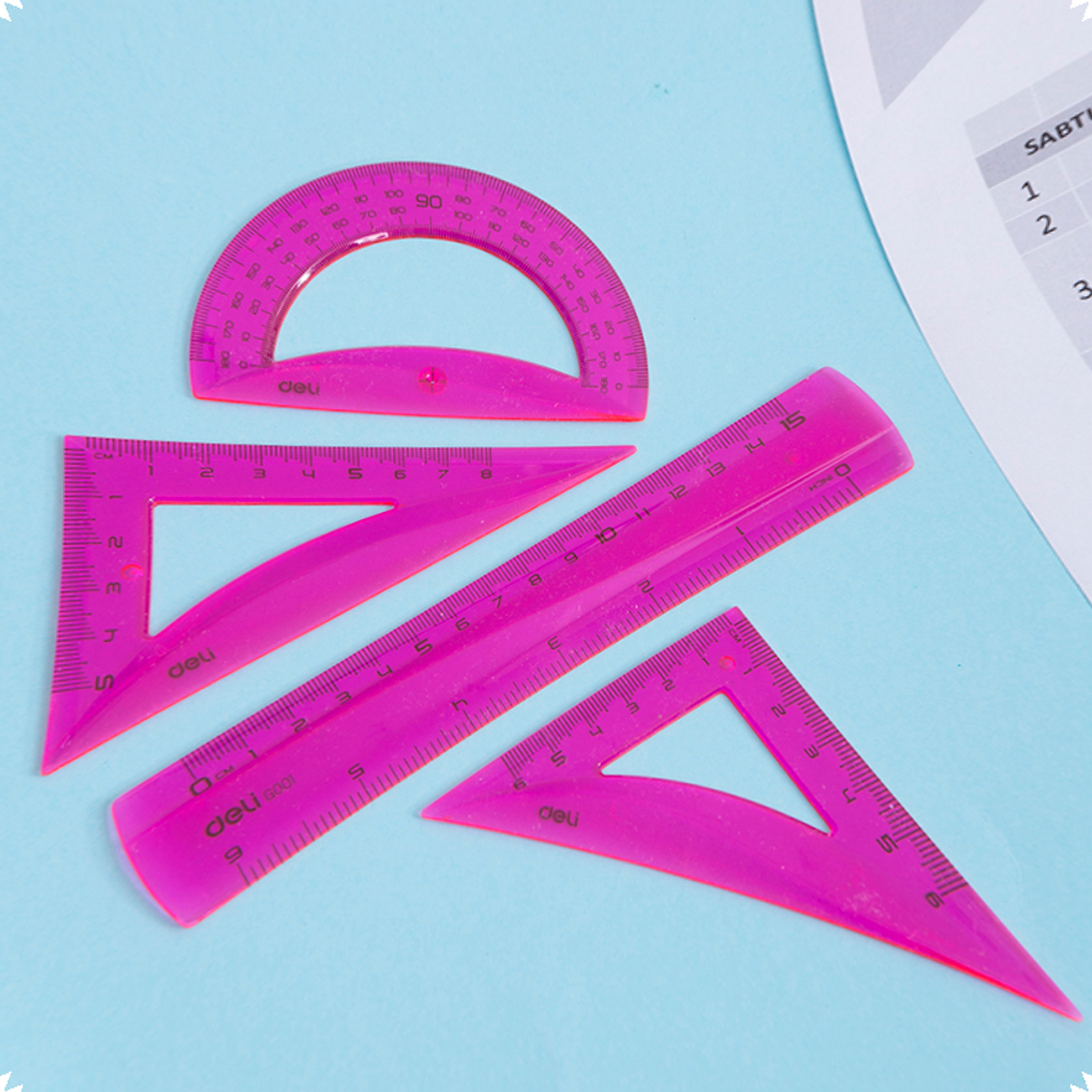 Набор линеек Deli "Pioneer" (треугольник .2 шт, линейка 15 см,транспортир), ассорти
