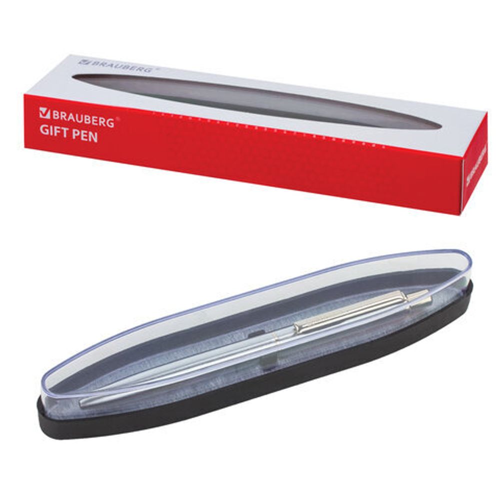 Ручка подарочная шариковая BRAUBERG Larghetto, СИНЯЯ, корпус серебристый с хромированными деталями, линия письма 0,5 мм, 143474