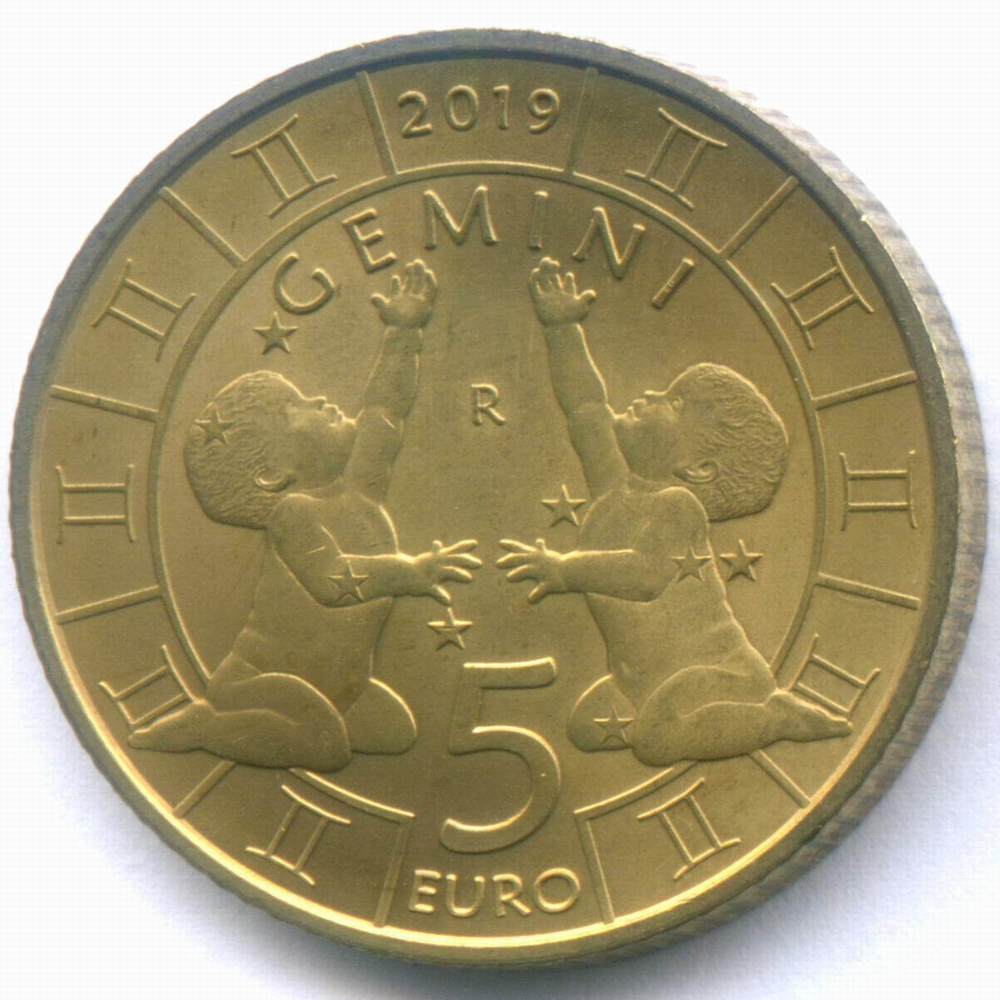 5 евро 2019 год. Сан-Марино. Знаки зодиака - Близнецы. Бронза UNC. Тираж 16000