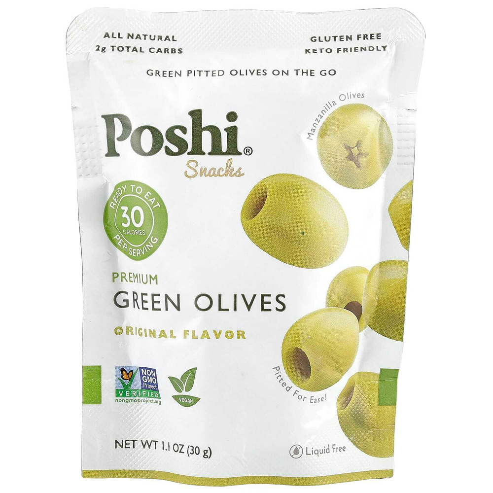 Poshi, Snacks, зеленые оливки премиального качества, оригинальные, 30 г (1,1 унции)