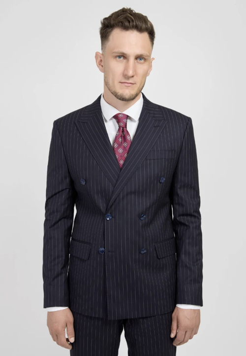 Мужской двубортный костюм в полоску (синий) А34