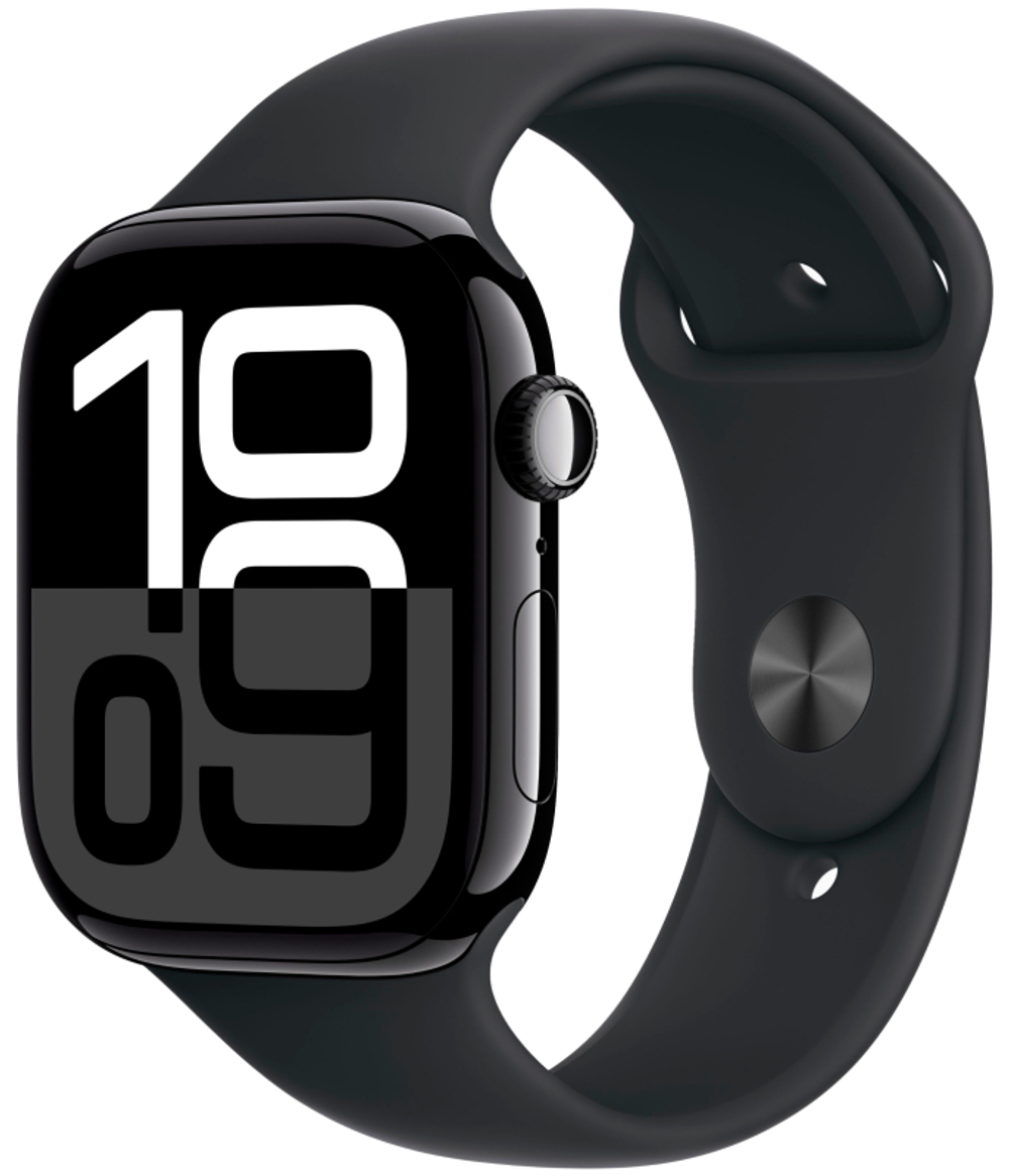 Apple Watch Series 10, 42 мм, Умные часы Корпус из алюминия цвета Черный глянец, спортивный ремешок Черного (MWWE3)