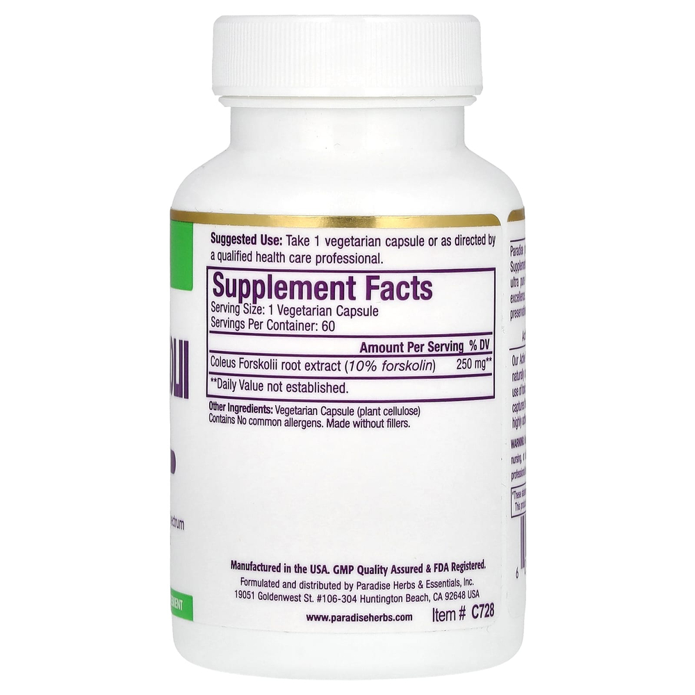 Paradise Herbs, Колеус форсколий, 60 вегетарианских капсул (250 мг на капсулу)
