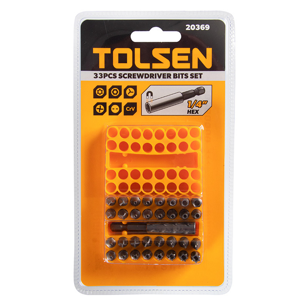 TOLSEN (TT20369) Набор вставок (бит) 1/4", Security hex, TorxTR, Spaner, Torg-Set, Tri-Wing, 33 предмета