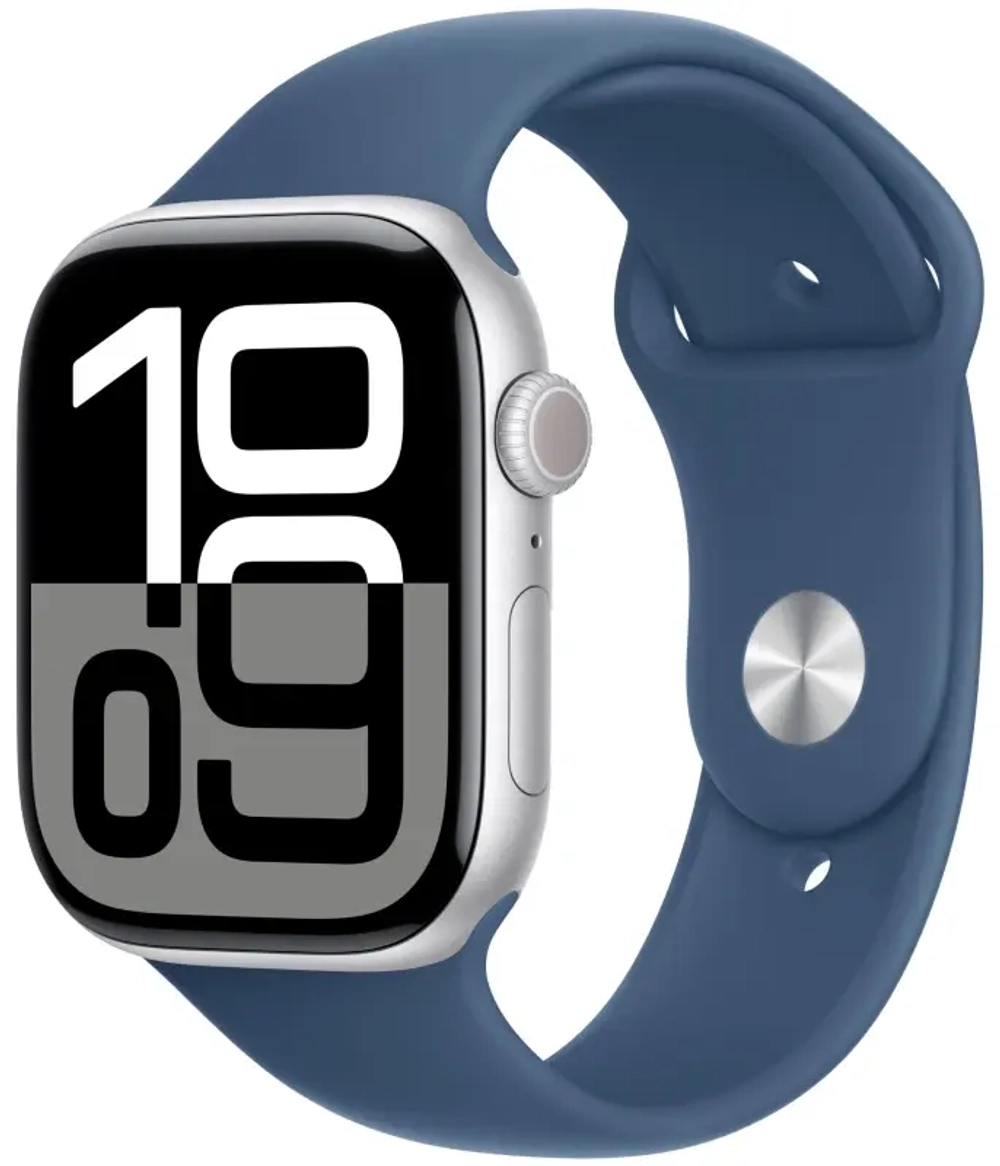 Apple Watch Series 10, 46 мм, серебристый алюминий, спортивный ремешок цвета "Denim", M/L (MWWM3)