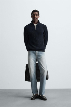 ZARA ДЖЕМПЕР ИЗ ЖЕМЧУЖНОЙ ВЯЗКИ С ВОРОТНИКОМ НА МОЛНИИ, МОРСКОЙ СИНИЙ