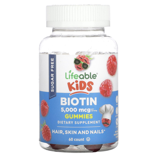 Lifeable, Kids Biotin Gummies, без сахара, натуральная малина, 60 жевательных таблеток (2500 мкг в жевательной мармеладке)