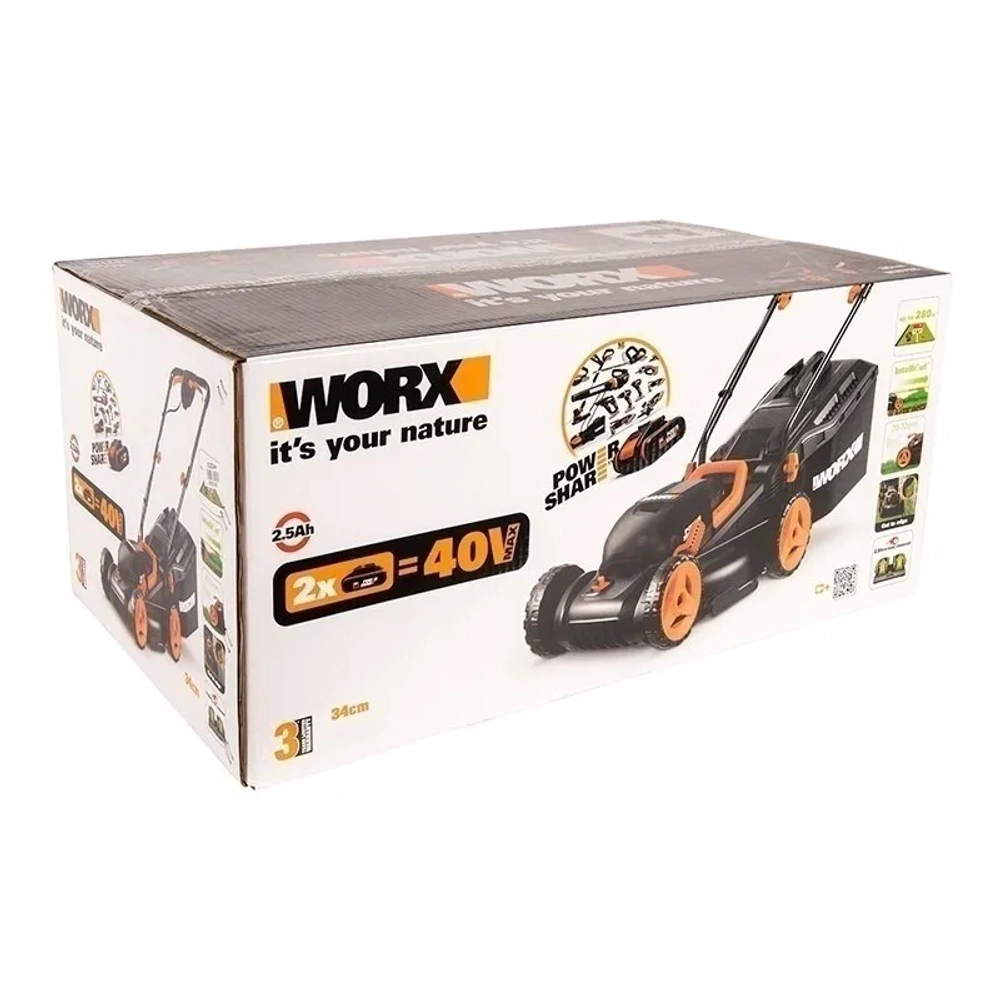 WORX WG779E.1 аккумуляторная газонокосилка (2 x 4 Ач, ЗУ)
