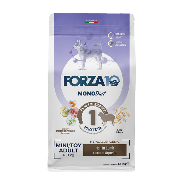 Сухой корм Forza 10 Mini Diet Agnello con Riso для взрослых собак мелких пород, с ягнёнком и рисом, склонных к пищевой аллергии и непереносимости
