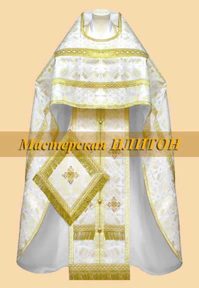 Облачение белое с золотом из парчи.