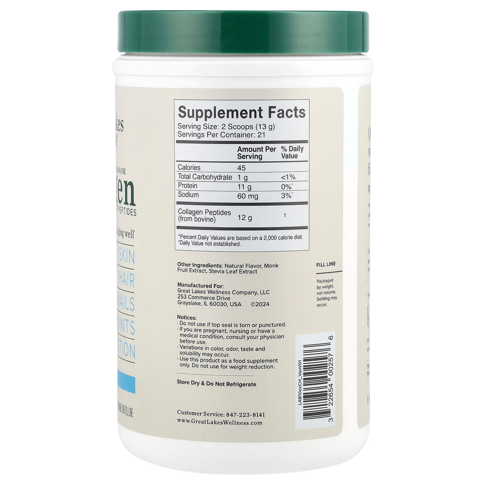 Great Lakes Wellness, Пептиды бычьего коллагена от травяного откорма, ваниль, 284 г (10 унций)