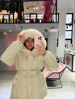 Пуховик Fresh миди с поясом молочный