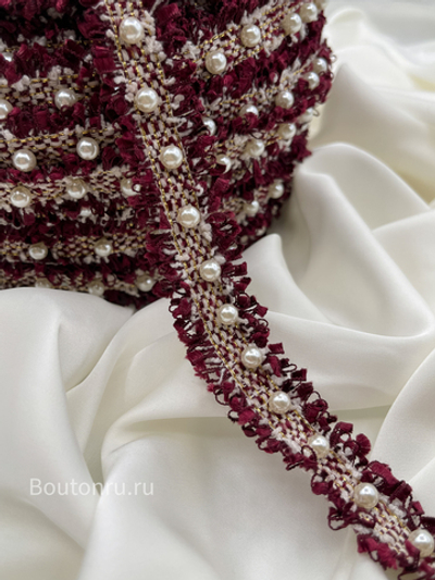 Тесьма темно-красная (бордовая) с жемчугом твид