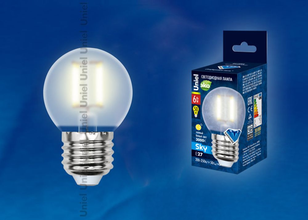 LED-G45-6W/WW/E27/FR PLS02WH Лампа светодиодная. Форма шар, матовая. Серия Sky. Теплый белый свет. Картон. ТМ Uniel.