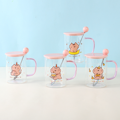 Кружка стеклянная с ложкой "Pink Cat", 450 мл