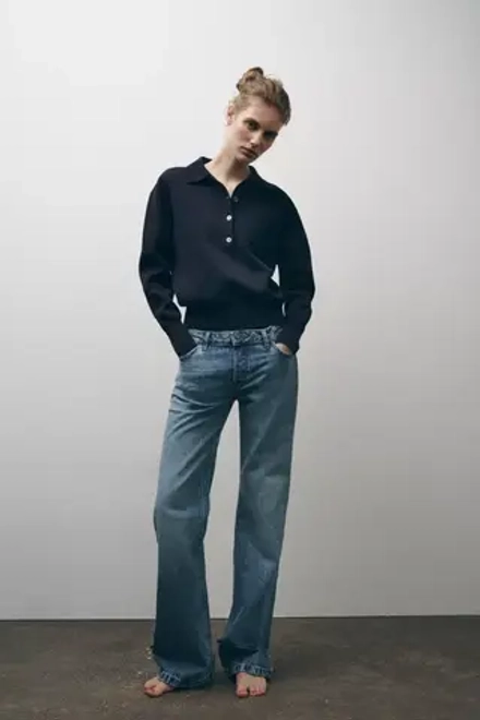 ZARA ОДНОТОННЫЙ СВИТЕР С ВОРОТНИКОМ ПОЛО, МОРСКОЙ СИНИЙ