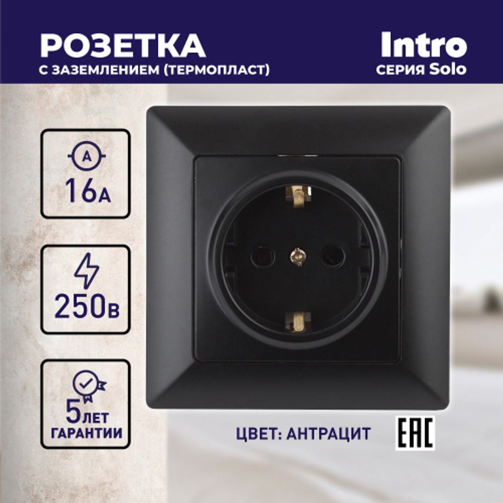Розетка Intro Solo 4-202-05 с заземлением 2P+E Schuko, 16А-250В, IP20, СУ, антрацит
