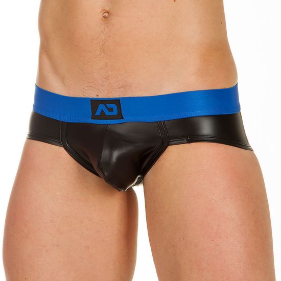 Трусы мужские брифы черные под кожу с синей резинкой ADDICTED