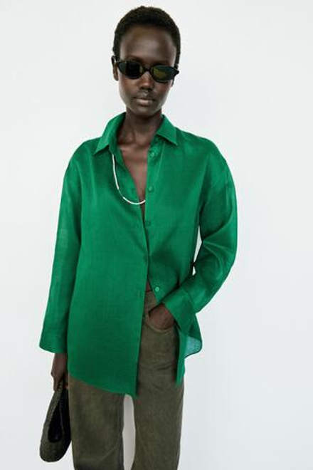 Massimo Dutti Удлиненная струящаяся рубашка из 100% рами, зеленый