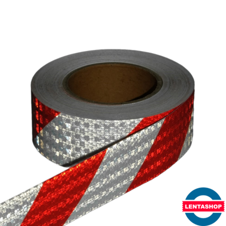 Бело-красная диагональ светоотражающая лента 5 см х 25 м