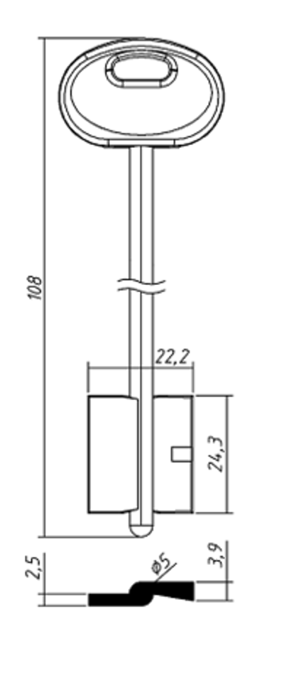 Заготовка сувальдного ключа 10886 Меттэм-11/ Меттэм-03ПЛ 108*22,2*24,3 мм, лат., штамп., с пластиком MET11DP
