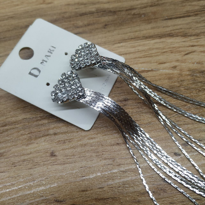 Серьги англ.заст. Bogema сердце из страз кристалл круг цепочки жгутики металл серебристый