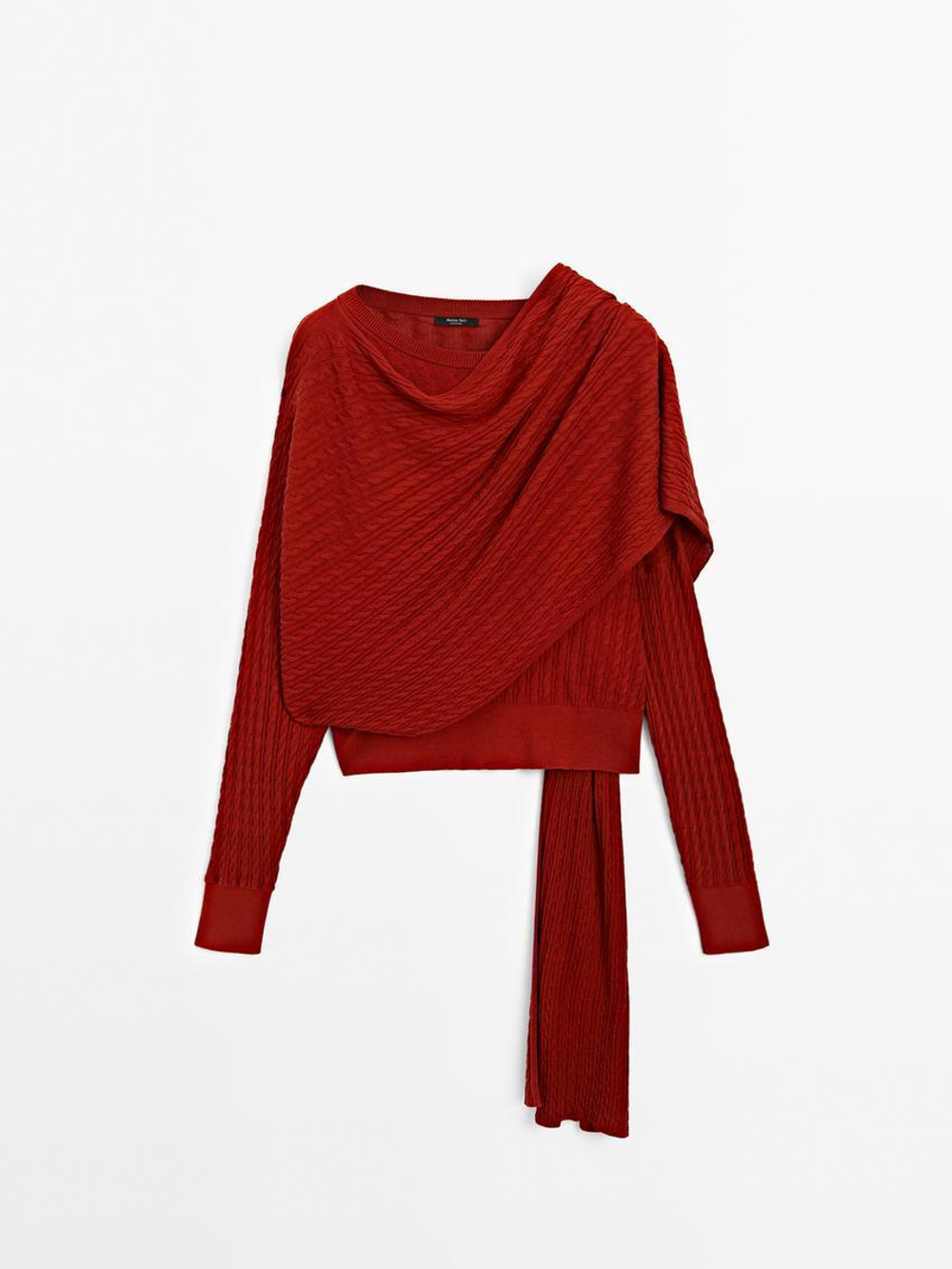 Massimo Dutti Свитер с узором «косы» и шарфом, красный