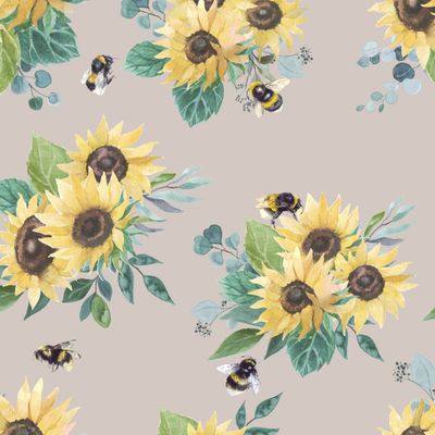 Акварельные подсолнухи с пчелами на бежевом фоне