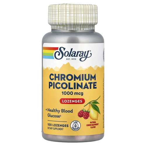 Solaray, пиколинат хрома, пастилки, натуральный лимонный вкус и малина, 1000 мкг, 100 пастилок