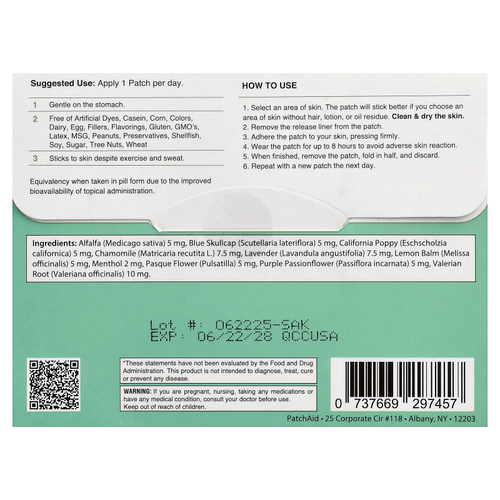 PatchAid, патч для улучшения сна без мелатонина для детей и взрослых, 30 патчей
