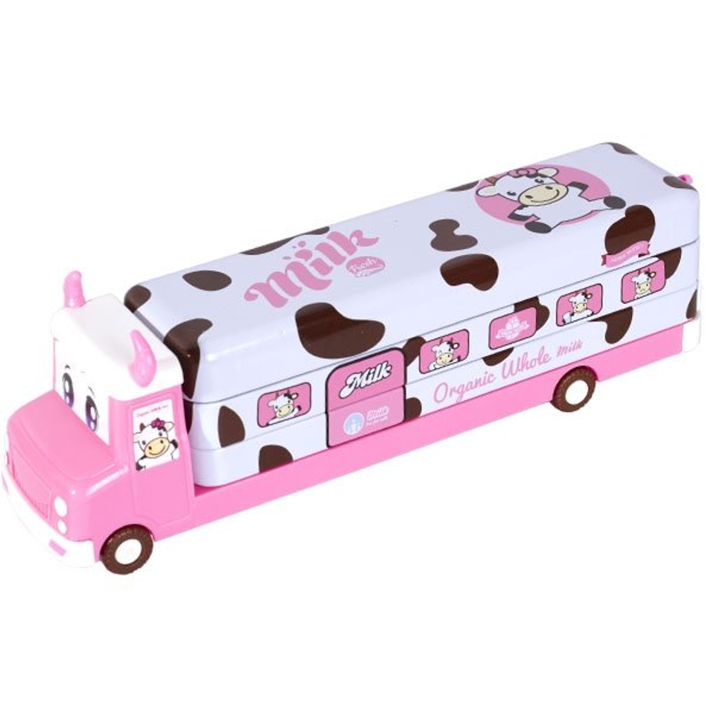 Пенал с наполнением, металлический 2 отделения автобус Alingar, таб. умнож, линейка 15 см, 5 ч/г карандашей, 3 точилки 50 х 190 мм, "Milk bus", розов