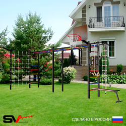 Уличная шведская стенка Sv Sport рукоход х 2 с комплектом турник прямой У51055К (Турник/Брусья/Скамья/Щит баскет/Кронш бокс/Канат/кольца/лестница/Сетка)