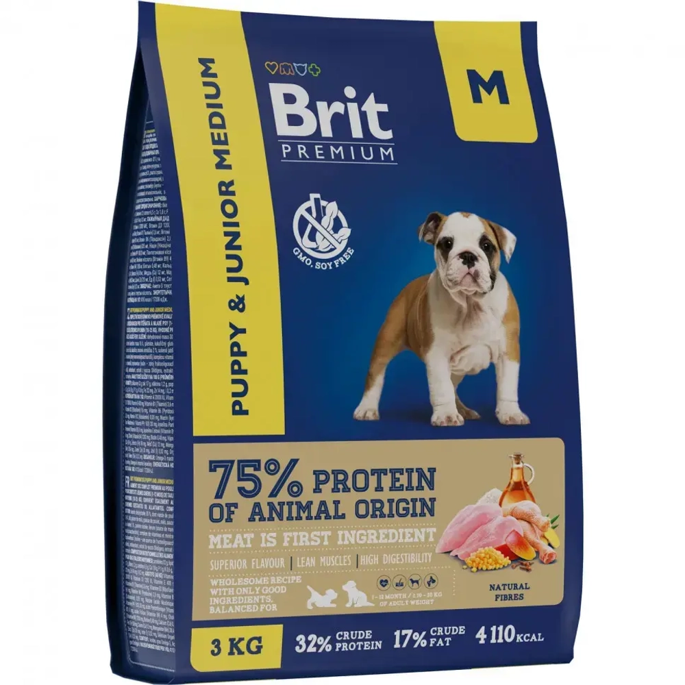 Brit premium dog puppy and junior medium сухой корм для щенков и молодых собак средних пород с курицей - 3 кг