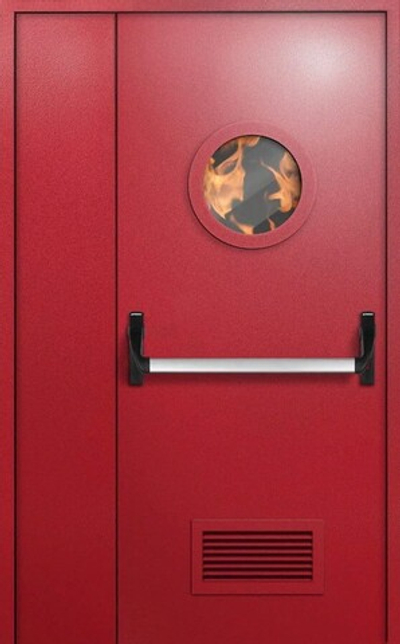 Полуторная противопожарная дверь с антипаникой, вентиляцией и круглым окном - 1230