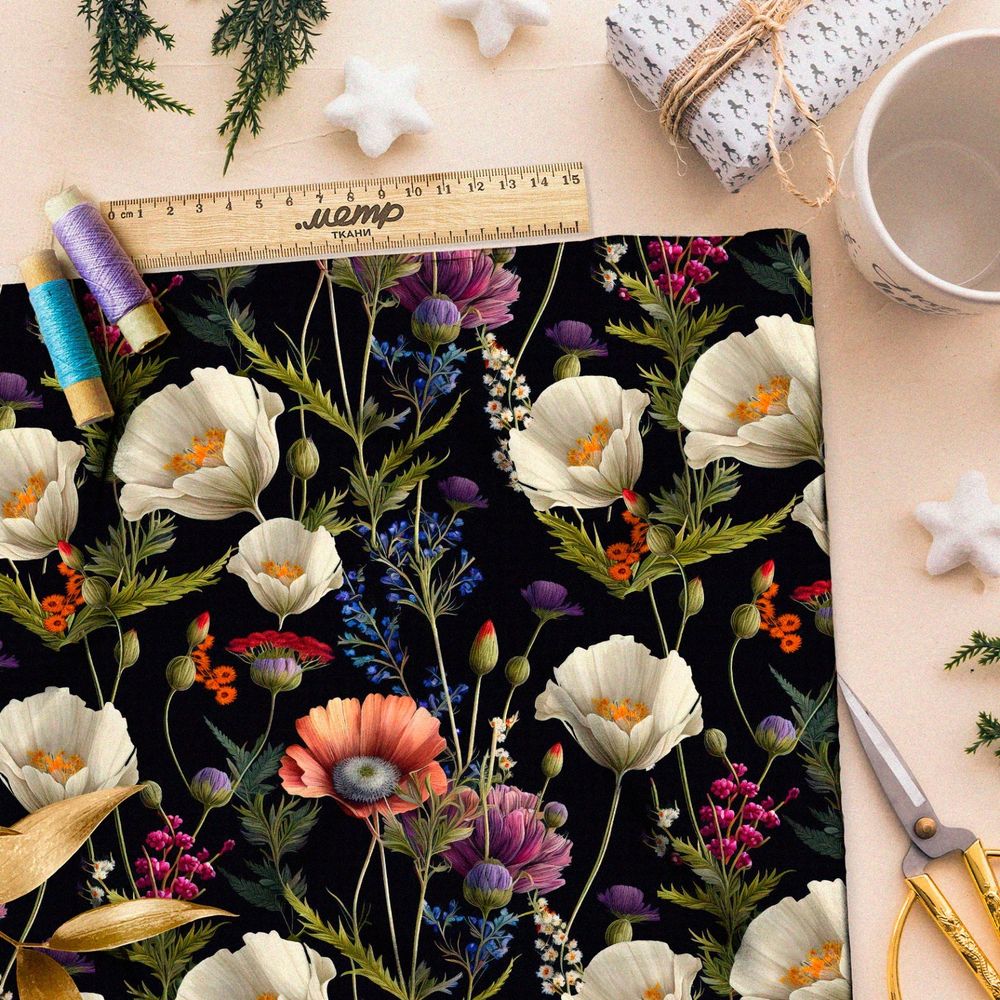 Ткань шелк Армани полевые белые цветы ночью