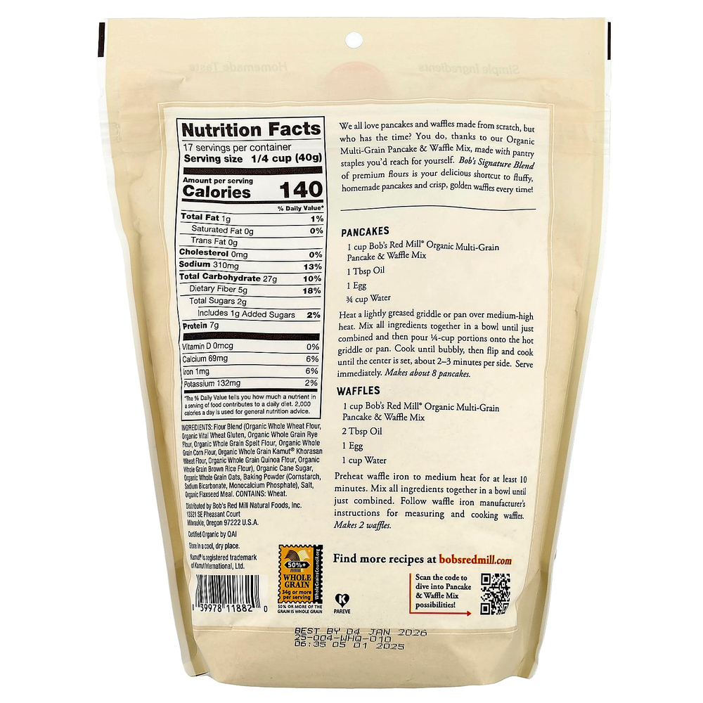 Bob's Red Mill, органическая смесь злаков для блинов и вафель, 680 г (24 унции)