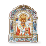 Николай чудотворец, икона арочная с рамкой под стеклом, белое дерево, эмаль 167х228