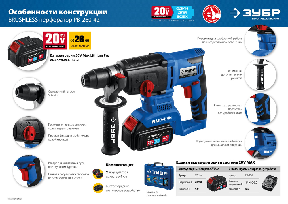 ЗУБР Т7, 20 В, 26 мм, 2 АКБ (4 А·ч), бесщеточный перфоратор, кейс, Профессионал (PB-260-42)