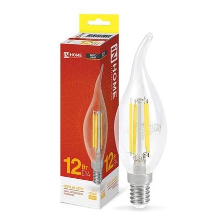 Лампа светодиодная филаментная LED-СВЕЧА НА ВЕТРУ-deco свеча на ветру прозрачная 12Вт 230В E14 3000К 1350лм IN HOME 4690612055992