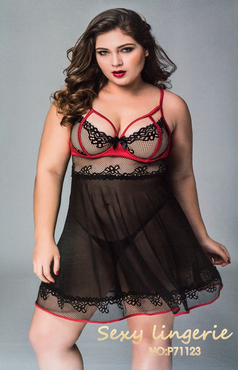 Полупрозрачная сорочка с контрастными стреп-лентами (Размер: L-XXL) (Цвет: черный с красным)