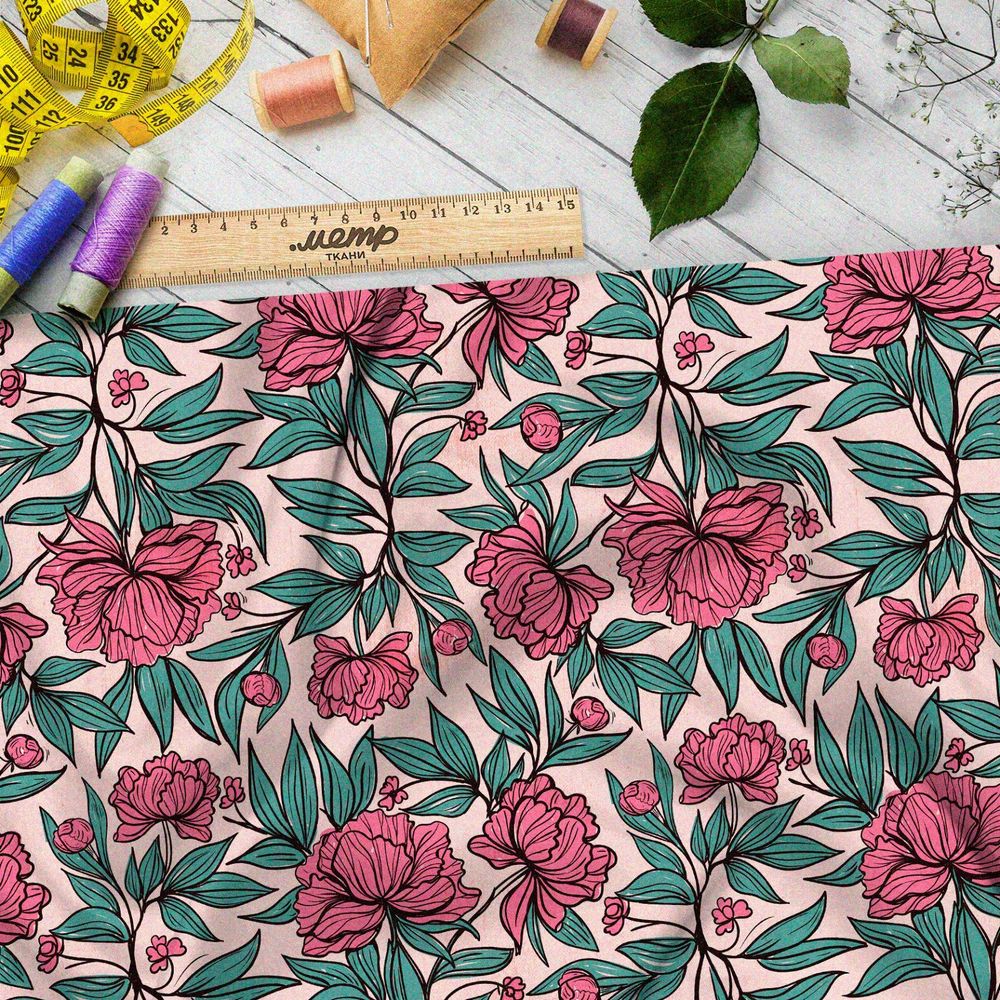 Ткань габардин аленький цветочек на розовом фоне