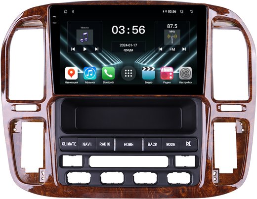 Магнитола для Toyota Land Cruiser 100, Lexus LX470 1998-2002 (климат на ШГУ, рамка дерево) - FarCar DX9-9608F4 монитор 9.5" IPS на Android 13, 4+64Гб, CarPlay