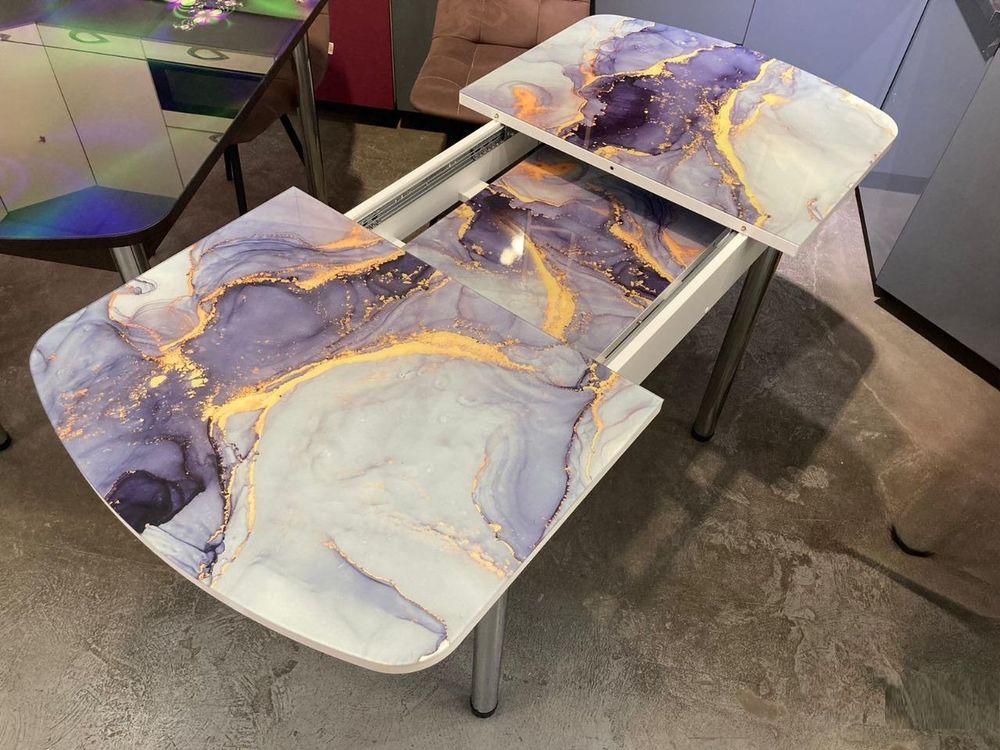 Стол разд Стеклянный подстолье прямое хром Царг.пояс белый Ст-ца акварель (белая) ф/п