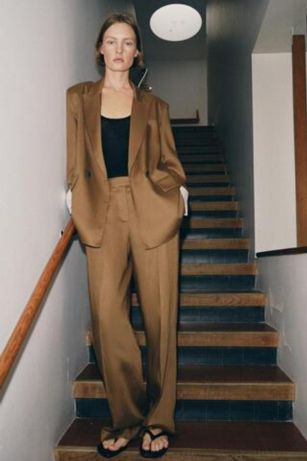 ZARA БРЮКИ ПРЯМОГО КРОЯ ИЗ ЛЬНА SET, КАРАМЕЛЬНЫЙ