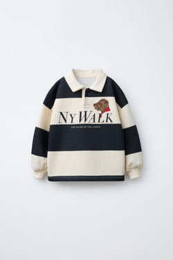 ZARA ПОЛО В ПОЛОСКУ С ПРИНТОМ «СОБАКА», СЕРЫЙ