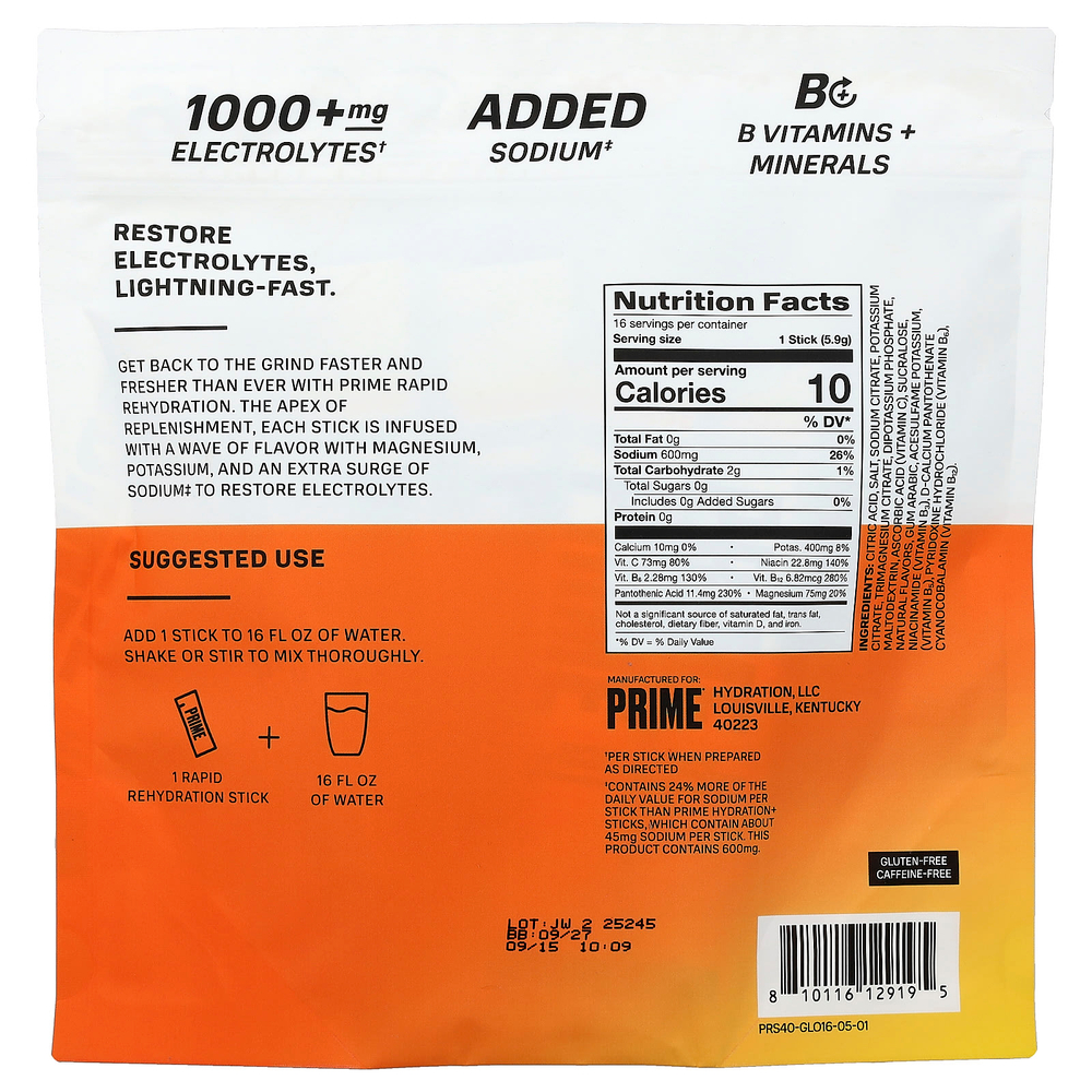 Prime Hydration, Rapid ReHydration, смесь для приготовления электролитического напитка, со вкусом апельсина, 16 стиков по 5,9 г (0,2 унции)